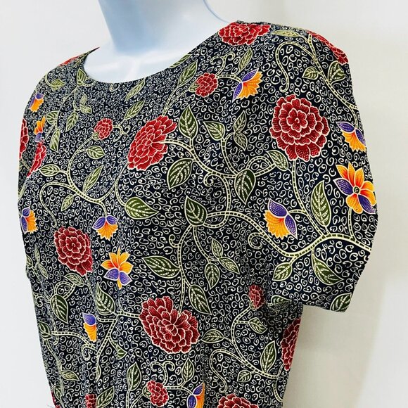 Vintage Liz Claiborne Silk Sheath Dress Size 4 Floral Print Black Red Midi - Picture 4 of 14